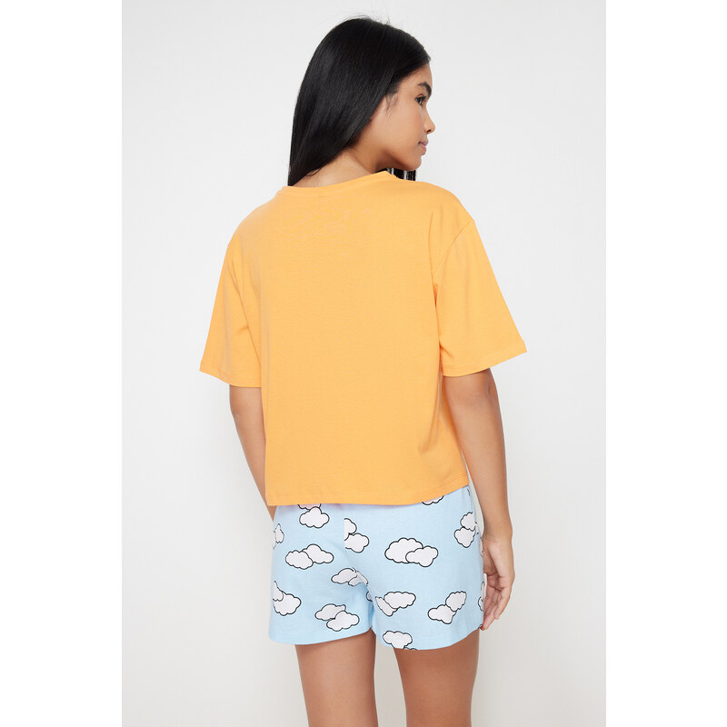 Trendyol Orange 100% Cotton Cloud Patterned Tshirt-Shorts Knitted Pajama Set