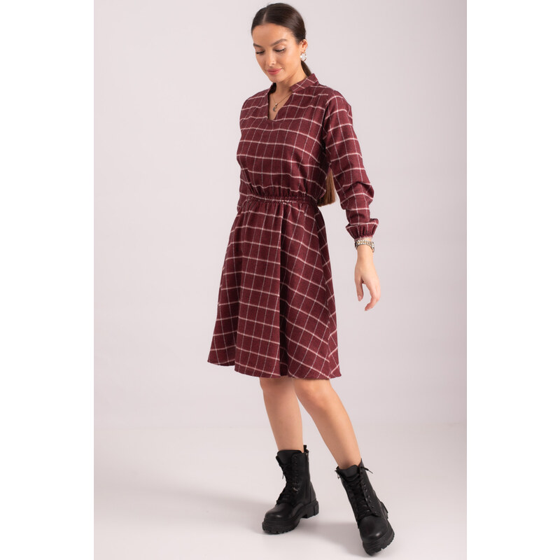 armonika Women's Burgundy V-Neck Elastic Waist Plaid Pattern Flared Dress