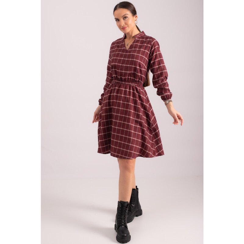 armonika Women's Burgundy V-Neck Elastic Waist Plaid Pattern Flared Dress