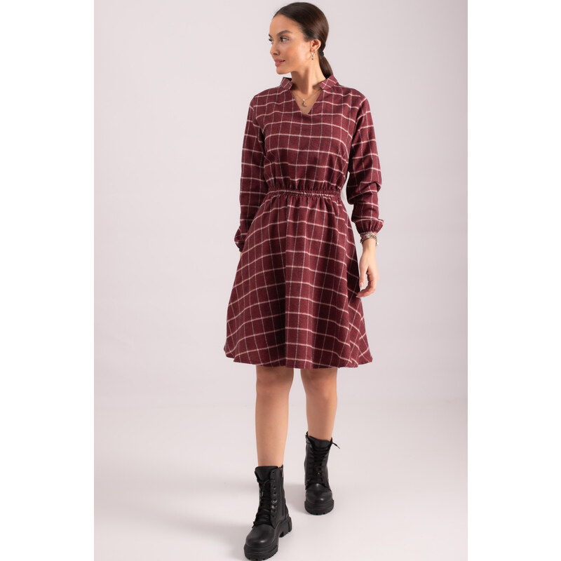 armonika Women's Burgundy V-Neck Elastic Waist Plaid Pattern Flared Dress