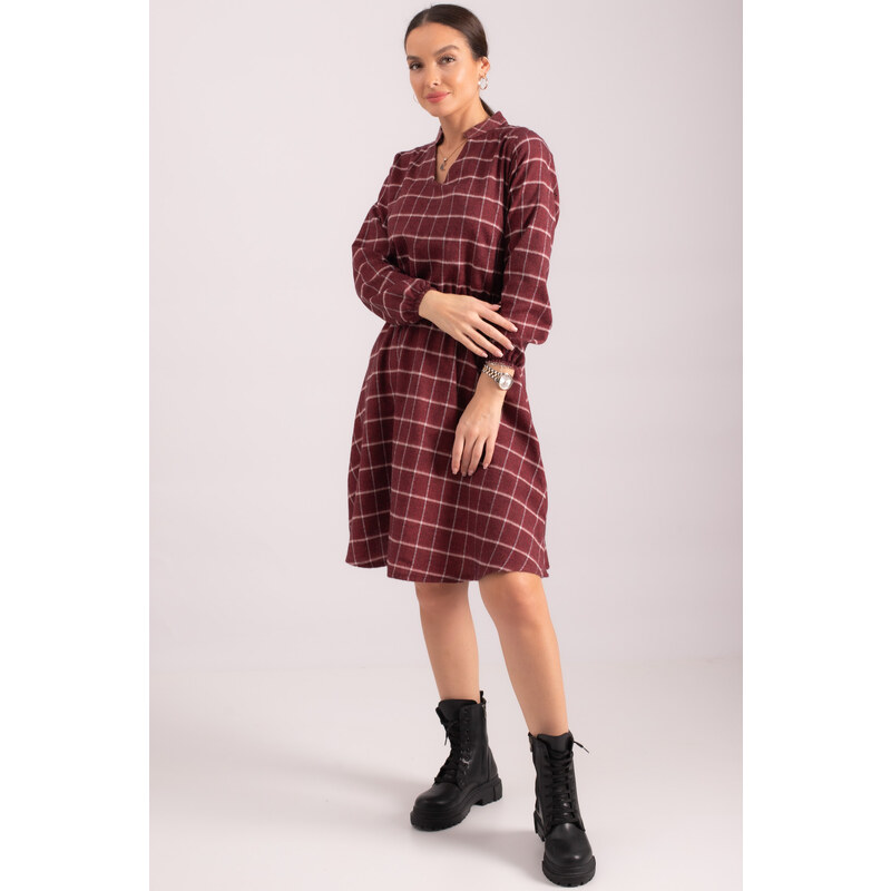 armonika Women's Burgundy V-Neck Elastic Waist Plaid Pattern Flared Dress