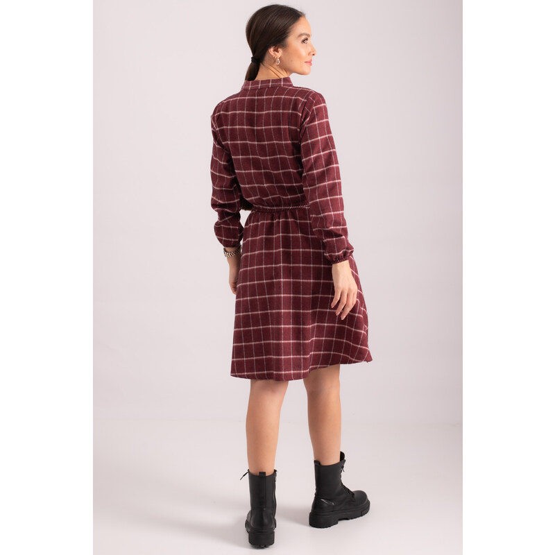 armonika Women's Burgundy V-Neck Elastic Waist Plaid Pattern Flared Dress