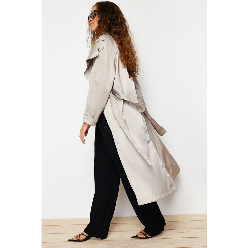 Trendyol Beige Oversize Wide-Cut Collar Detailed Snap Button Shiny Belted Trench Coat