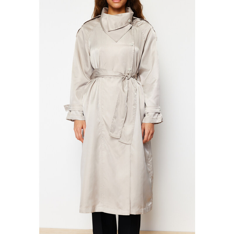 Trendyol Beige Oversize Wide-Cut Collar Detailed Snap Button Shiny Belted Trench Coat