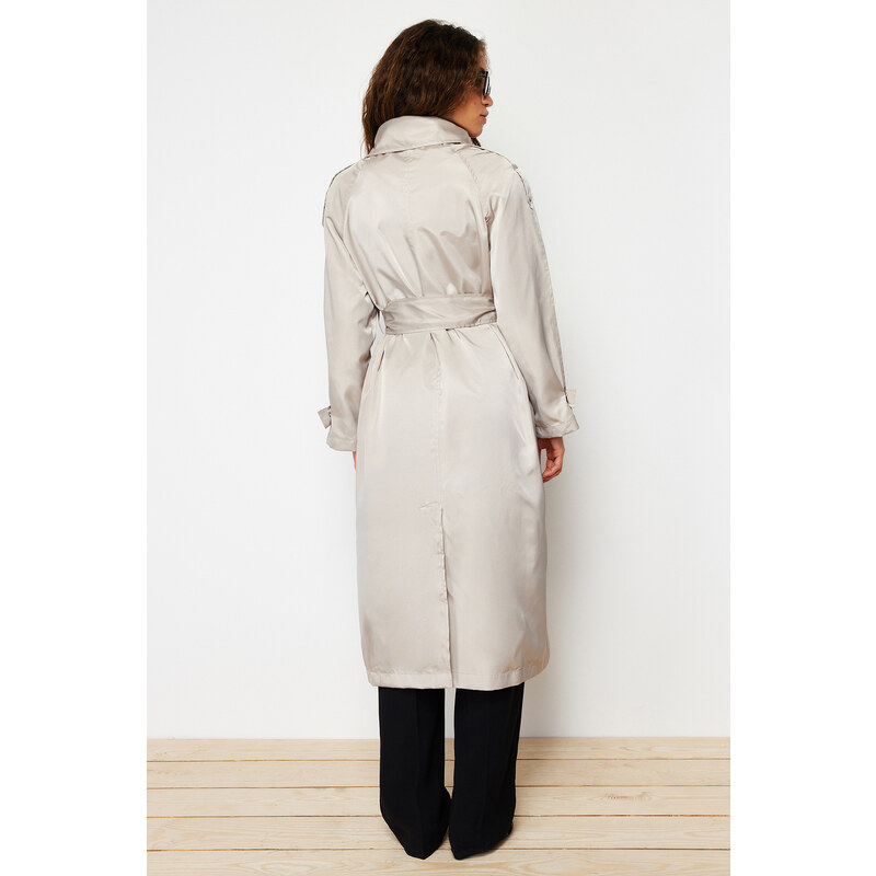Trendyol Beige Oversize Wide-Cut Collar Detailed Snap Button Shiny Belted Trench Coat