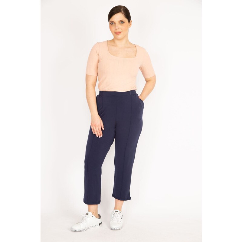 Şans Women's Navy Blue Plus Size Ironing Trace Grass Stitched Elastic Waist Side Pocket Trousers