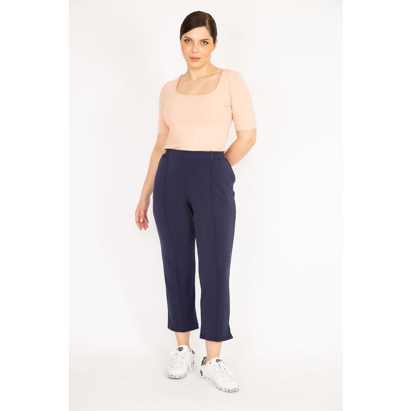 Şans Women's Navy Blue Plus Size Ironing Trace Grass Stitched Elastic Waist Side Pocket Trousers