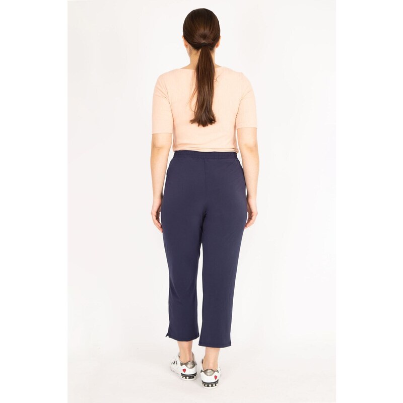 Şans Women's Navy Blue Plus Size Ironing Trace Grass Stitched Elastic Waist Side Pocket Trousers