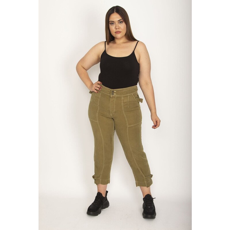 Şans Women's Plus Size Khaki Cargo Cargo Pants with Pockets Epaulettes