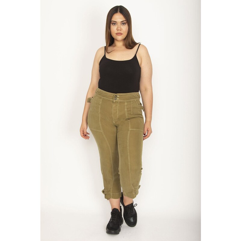 Şans Women's Plus Size Khaki Cargo Cargo Pants with Pockets Epaulettes