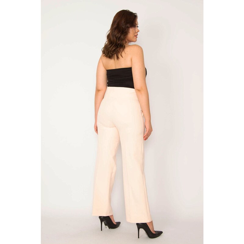 Şans Women's Plus Size Pink Trousers with a Tie Waist Belt and Concealed Zippers