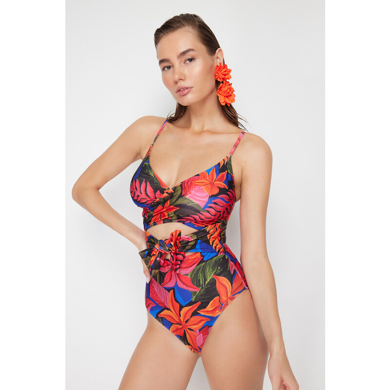 Trendyol Floral Patterned Double Breasted Tied Regular Swimsuit