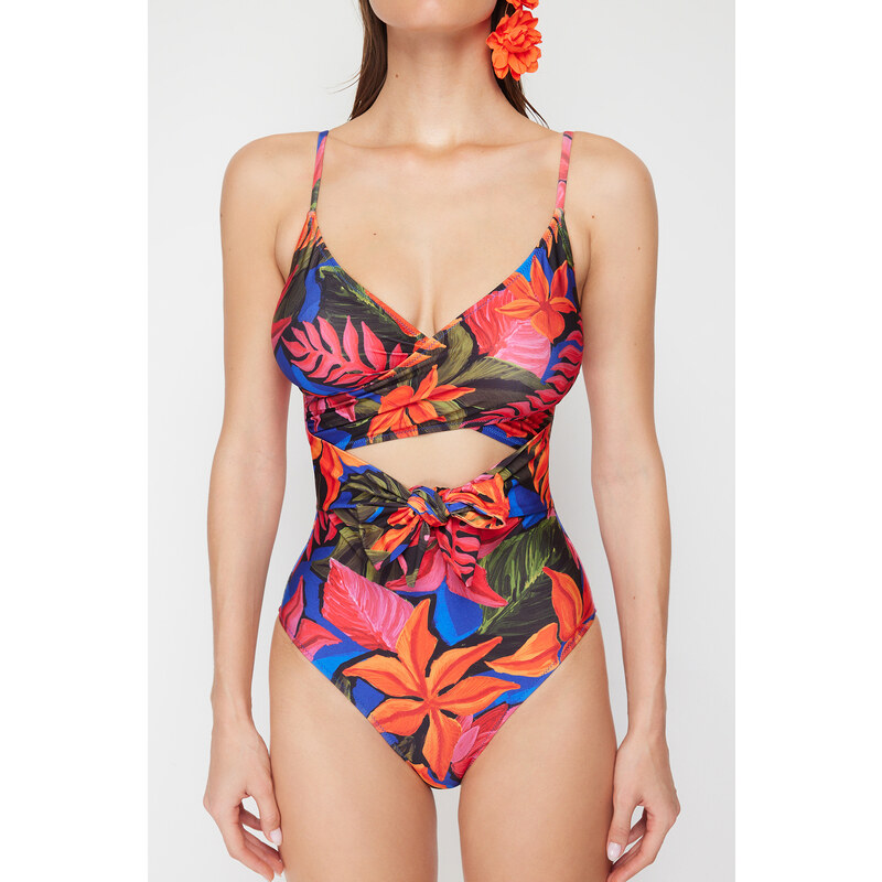 Trendyol Floral Patterned Double Breasted Tied Regular Swimsuit