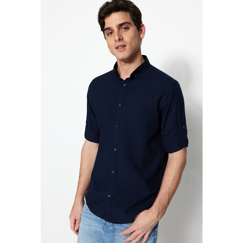 Trendyol Navy Blue Buttoned Collar Epaulettes Slim Fit Long Sleeve 100% Cotton Shirt