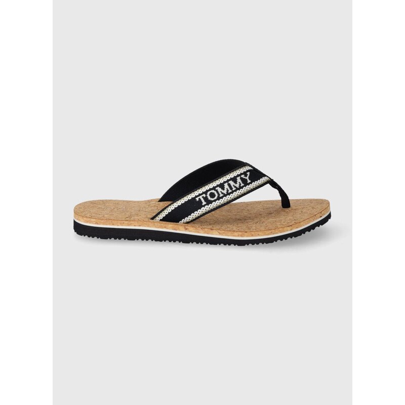 Žabky Tommy Hilfiger HILFIGER CORK BEACH SANDAL dámské, tmavomodrá barva, na plochém podpatku, FW0FW07904