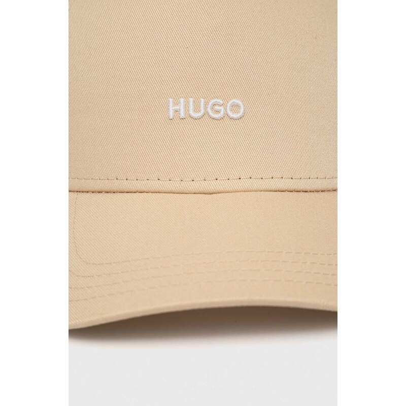 Bavlněná baseballová čepice HUGO béžová barva, s potiskem