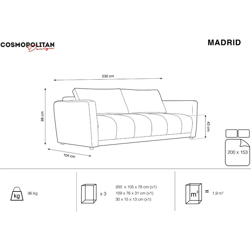 Červená čalouněná třímístná rozkládací pohovka Cosmopolitan Design Madrid 230 cm