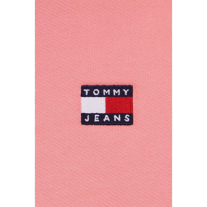 Bavlněná mikina Tommy Jeans dámská, růžová barva, s aplikací