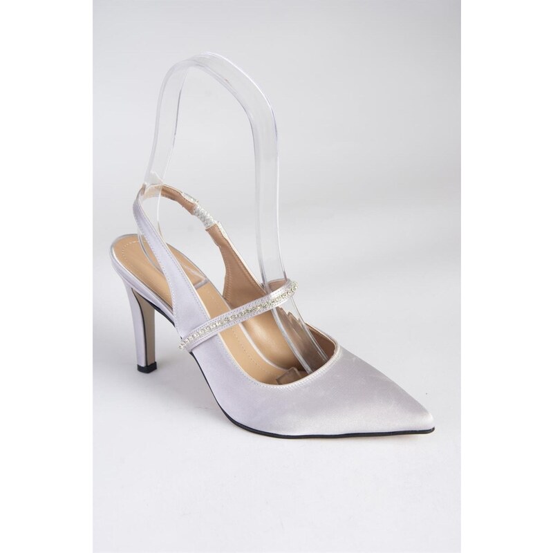 Fox Shoes Silver Satin Fabric and Stones Heeled Shoes