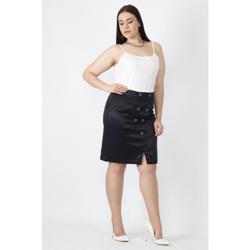 Şans Women's Plus Size Navy Blue Diagonal Satin Skirt With Fabric Button Detail Elasticated Back Waist