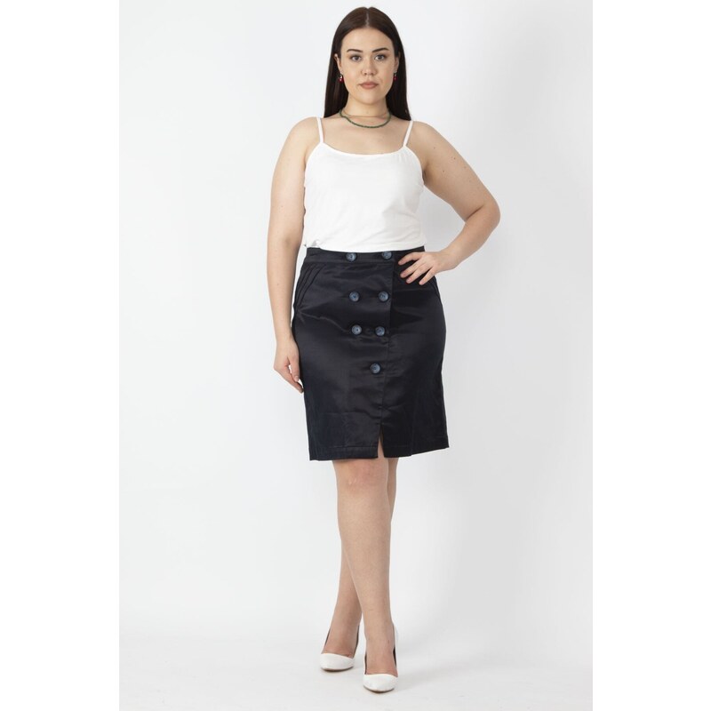 Şans Women's Plus Size Navy Blue Diagonal Satin Skirt With Fabric Button Detail Elasticated Back Waist