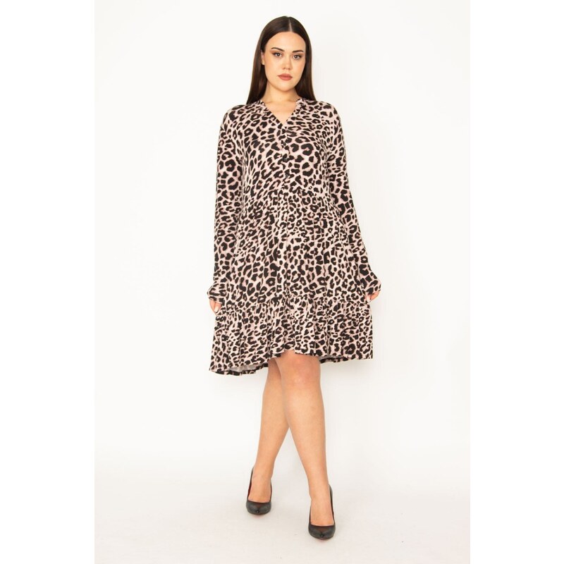 Şans Women's Plus Size Leopard Dress With Front Patties and Buttons V-neck, Tiered Skirt