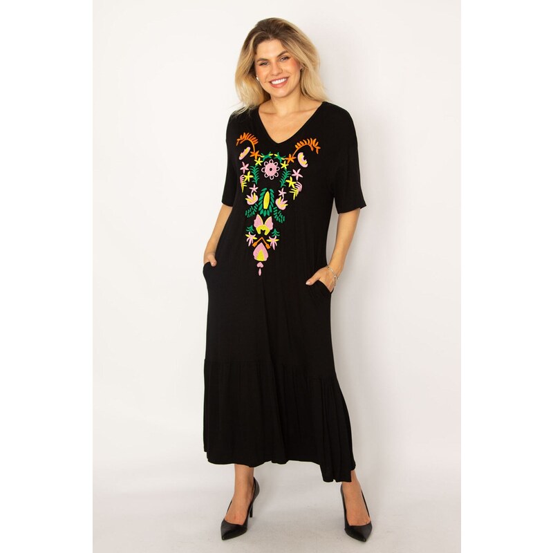 Şans Women's Plus Size Black Embroidery Detailed Dress with Tiered Hem, Side Pockets and Pockets