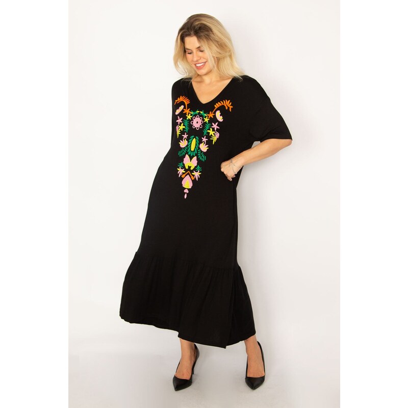 Şans Women's Plus Size Black Embroidery Detailed Dress with Tiered Hem, Side Pockets and Pockets