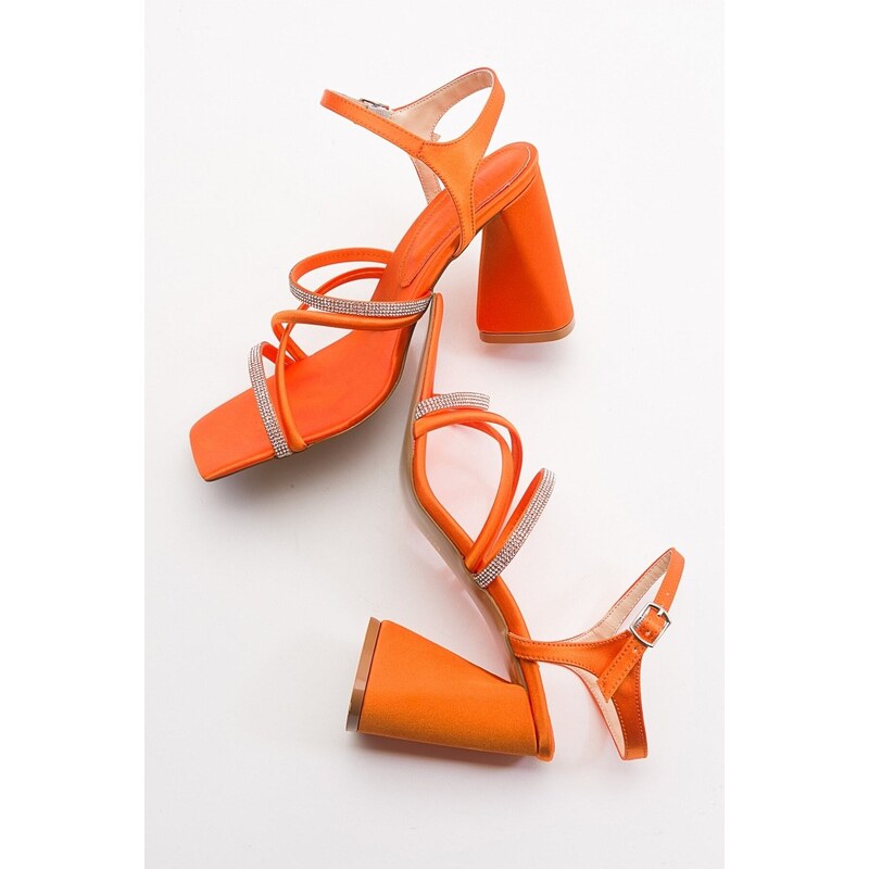 LuviShoes Vivid Women's Orange Satin Heeled Shoes