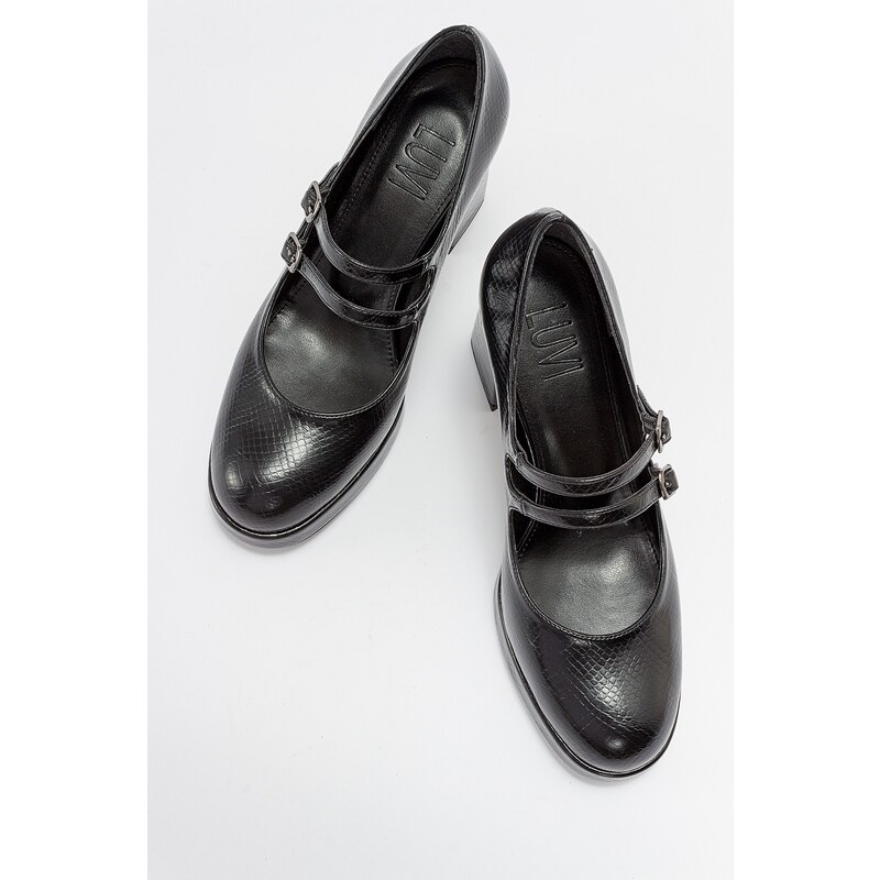 LuviShoes OREAS Women's Black Patterned Heeled Shoes