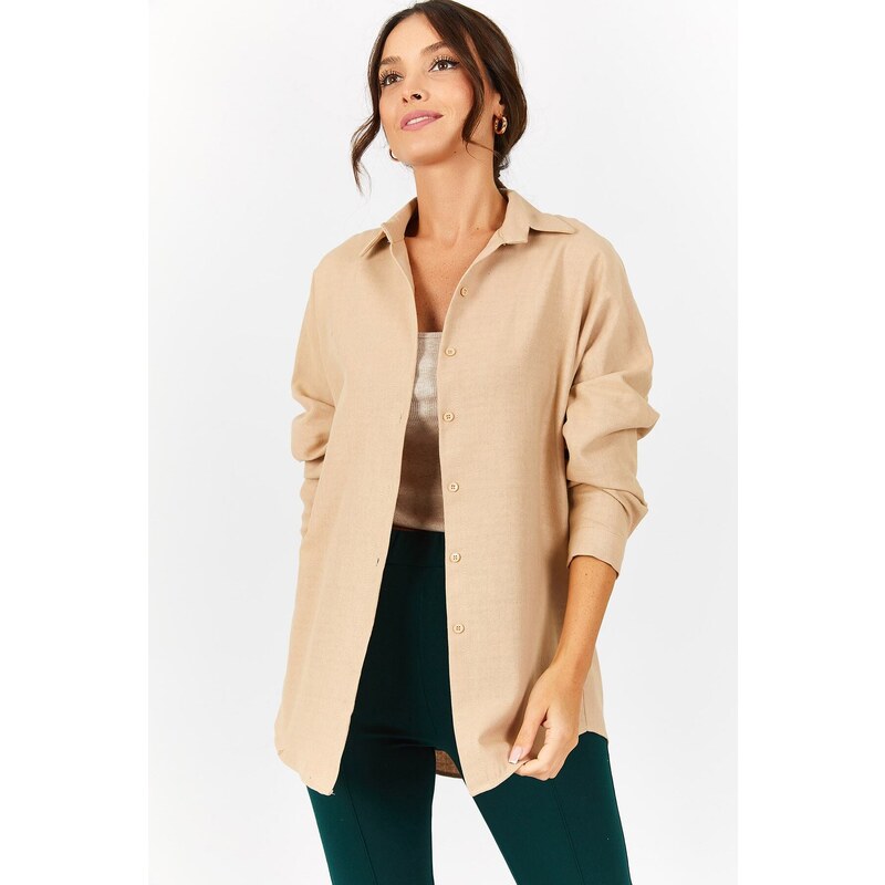 armonika Women's Beige Oversize Long Basic Shirt