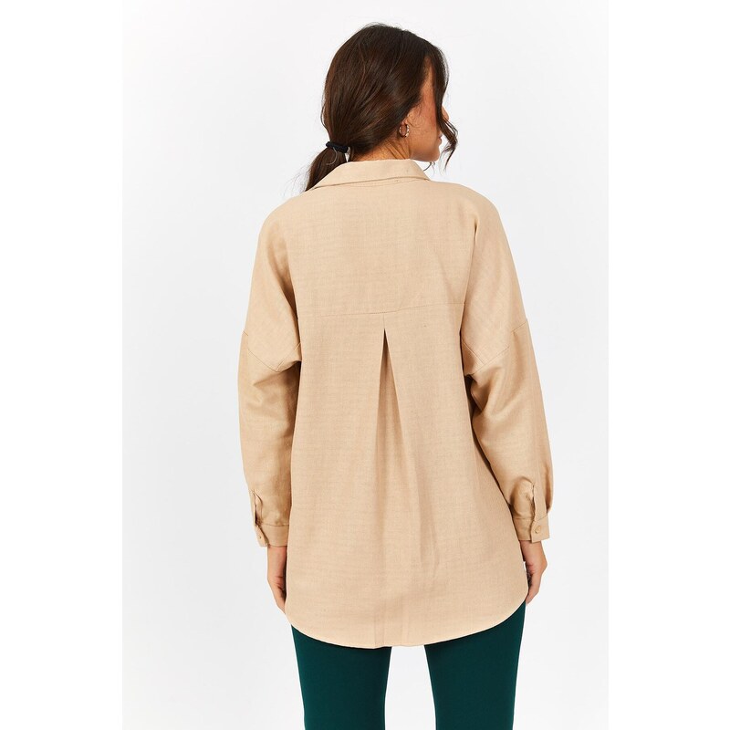 armonika Women's Beige Oversize Long Basic Shirt