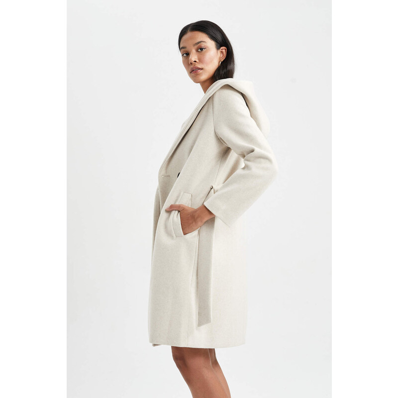 DEFACTO Regular Fit Hooded Belted Cashmere Coat