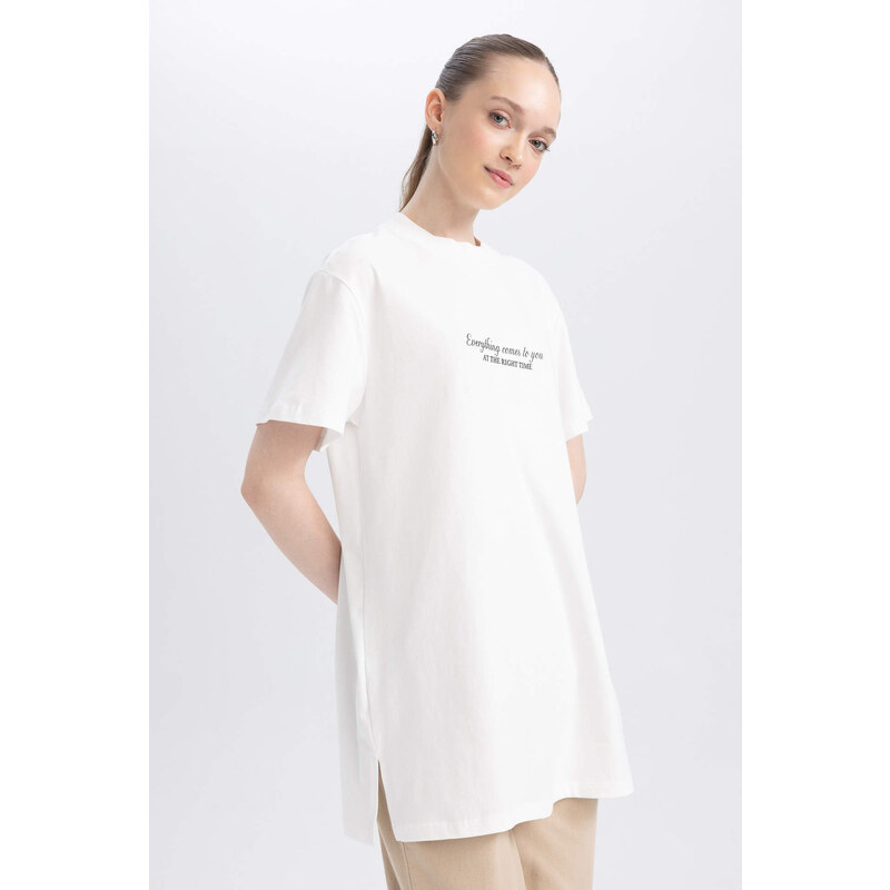 DEFACTO Regular Fit Crew Neck Slogan Short Sleeve Tunic