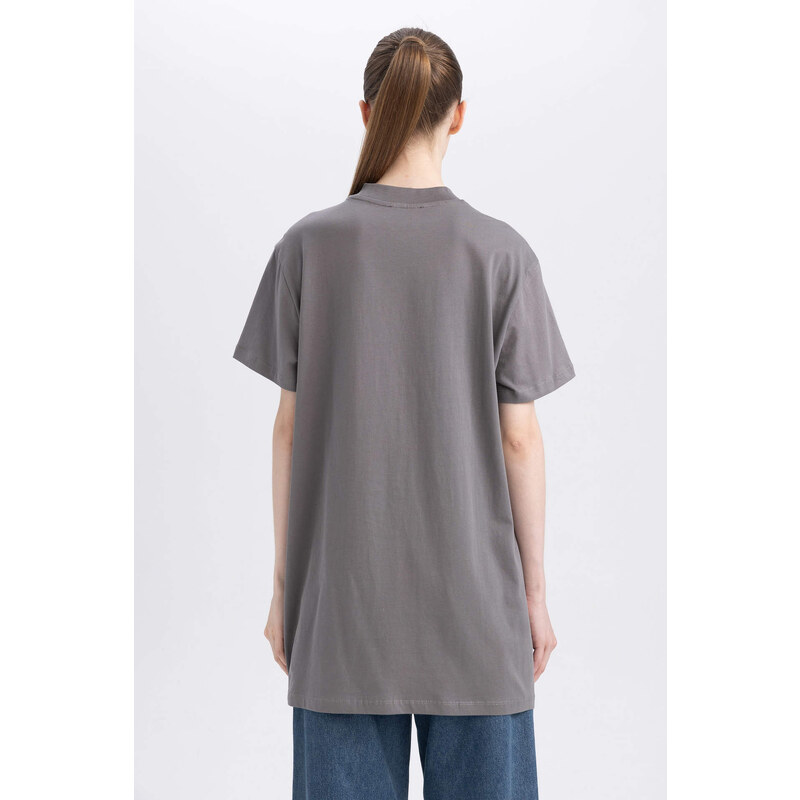 DEFACTO Regular Fit Crew Neck Slogan Short Sleeve Tunic