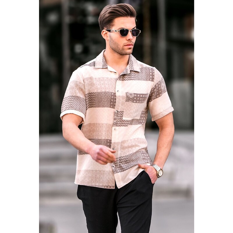 Madmext Men's Brown Short Sleeve Jacquard Shirt 5590