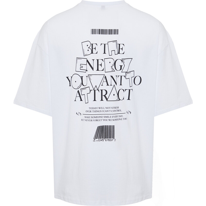 Trendyol White Oversize/Wide Cut Fluffy Text Printed 100% Cotton T-Shirt