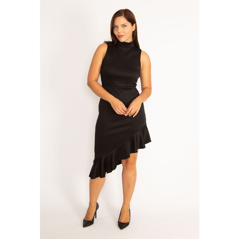 Şans Women's Plus Size Black Skirt Flounce Back Hidden Zipper Dress