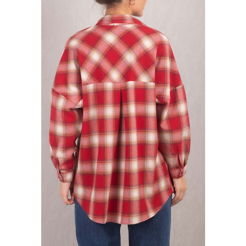 armonika Women's Red Square Pattern Oversize Long Basic Shirt