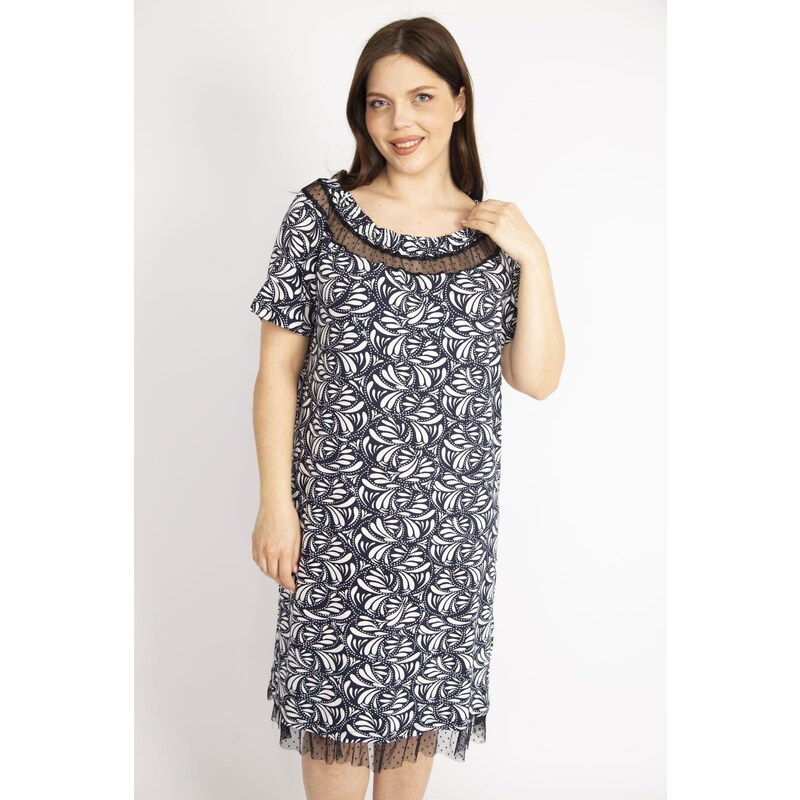 Şans Women's Navy Blue Plus Size Collar And Skirt Tulle Detail Elastic Collar Dress