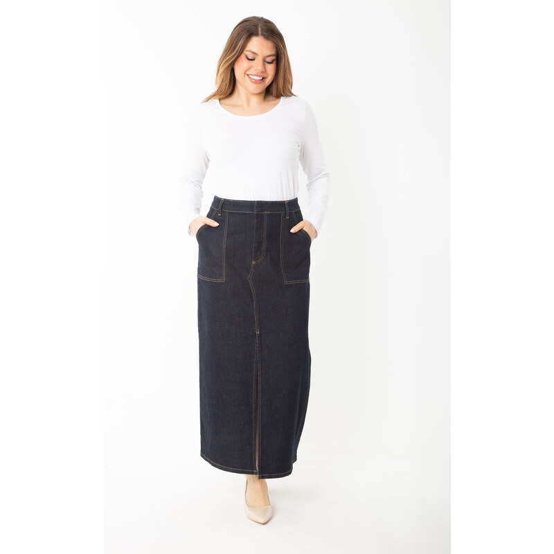 Şans Women's Plus Size Navy Blue Front Slit Denim Skirt