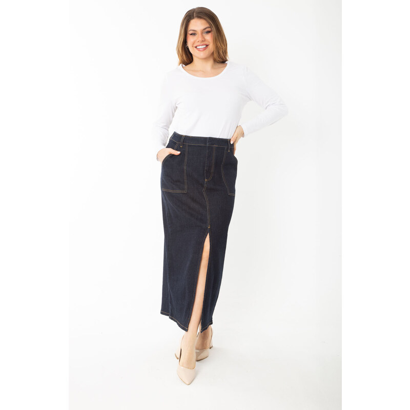 Şans Women's Plus Size Navy Blue Front Slit Denim Skirt