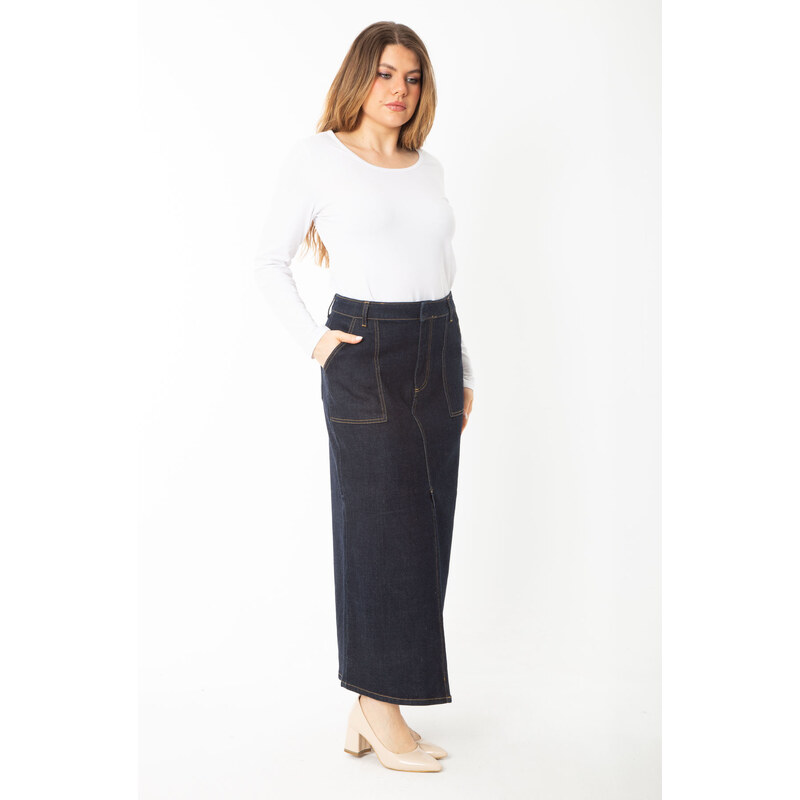 Şans Women's Plus Size Navy Blue Front Slit Denim Skirt