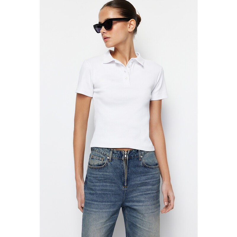 Trendyol White Polo Collar Buttoned Short Sleeve Flexible Ribbed Knitted Knitted Blouse