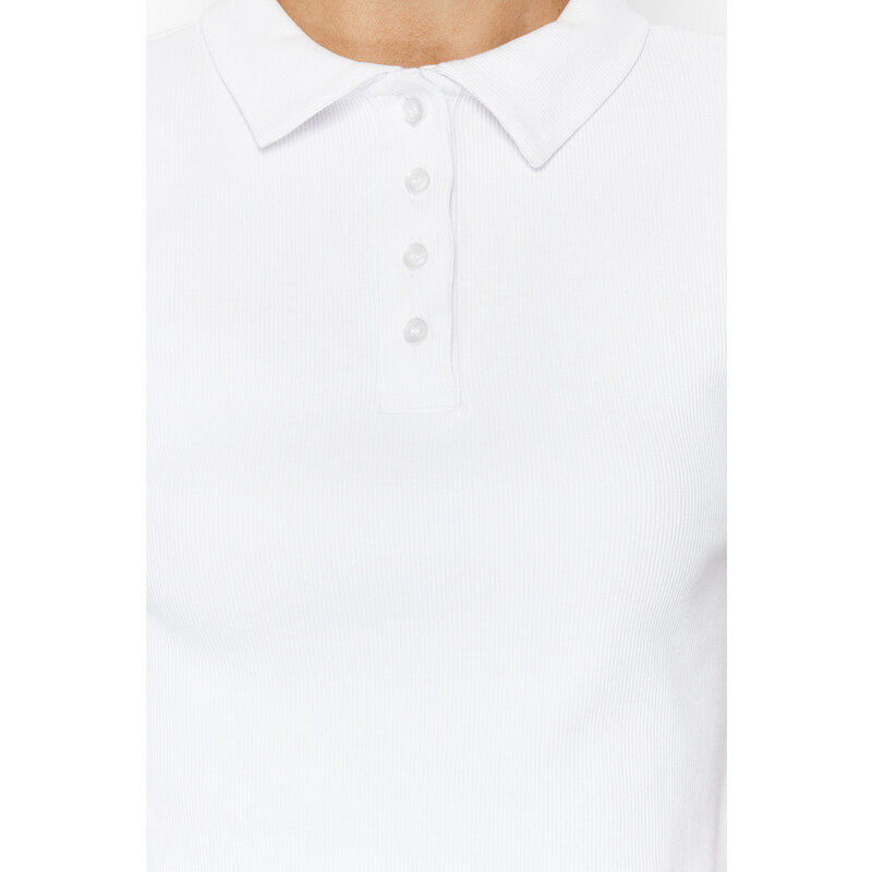 Trendyol White Polo Collar Buttoned Short Sleeve Flexible Ribbed Knitted Knitted Blouse