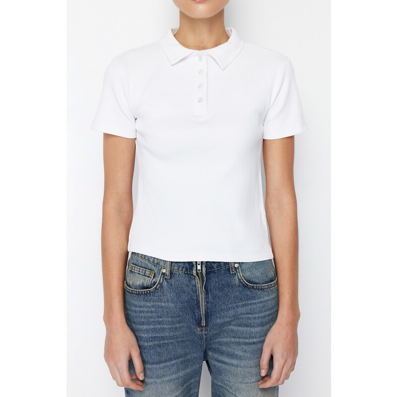 Trendyol White Polo Collar Buttoned Short Sleeve Flexible Ribbed Knitted Knitted Blouse