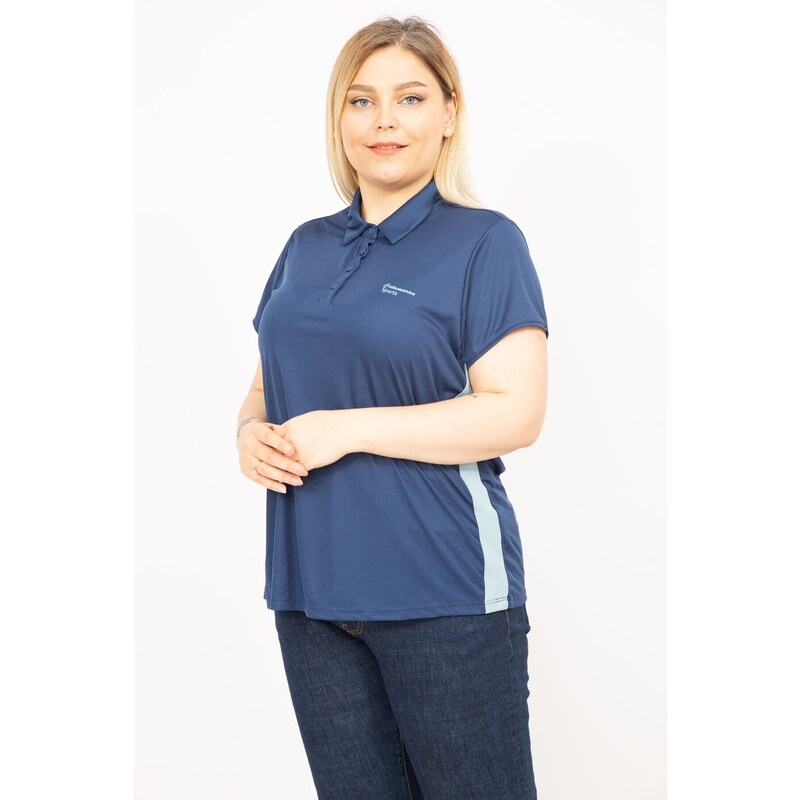 Şans Women's Navy Plus Size Polo Collar Sports Blouse with Side Stripes