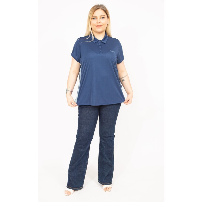 Şans Women's Navy Plus Size Polo Collar Sports Blouse with Side Stripes