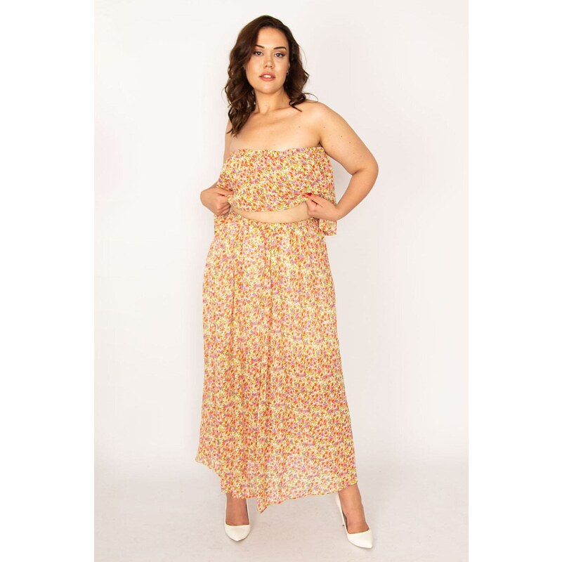 Şans Women's Large Size Colorful Gipe Elastic Blouse and Elastic Waist Lined Skirt 2 Piece Set
