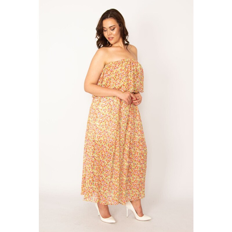 Şans Women's Large Size Colorful Gipe Elastic Blouse and Elastic Waist Lined Skirt 2 Piece Set